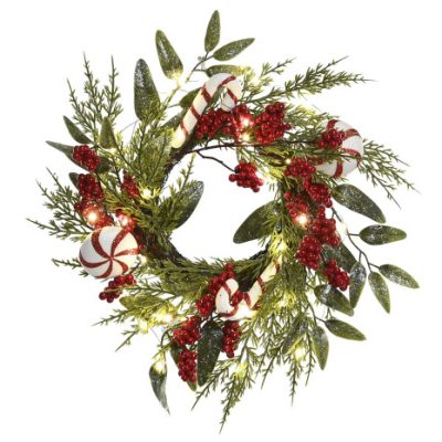 Coroa de Natal LED PVC – 46 × 20 × 46 cm | Verde com Bagas Vermelhas