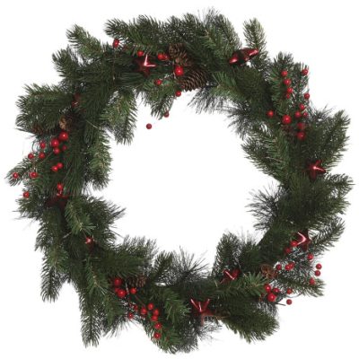 Coroa de Natal LED PVC – 60 × 15 × 60 cm | Verde com Bagas Vermelhas