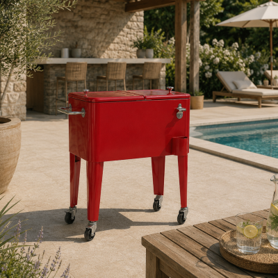 Bar Cooler Vintage Vermelho com Rodas | Carrinho Refrigerador para Exterior — vista 2 — Narrativa de Espaços
