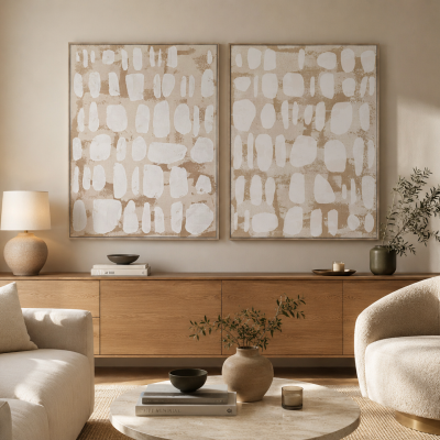 Quadro Abstrato em Tela Bege e Branco com Moldura Madeira | 90x120 cm